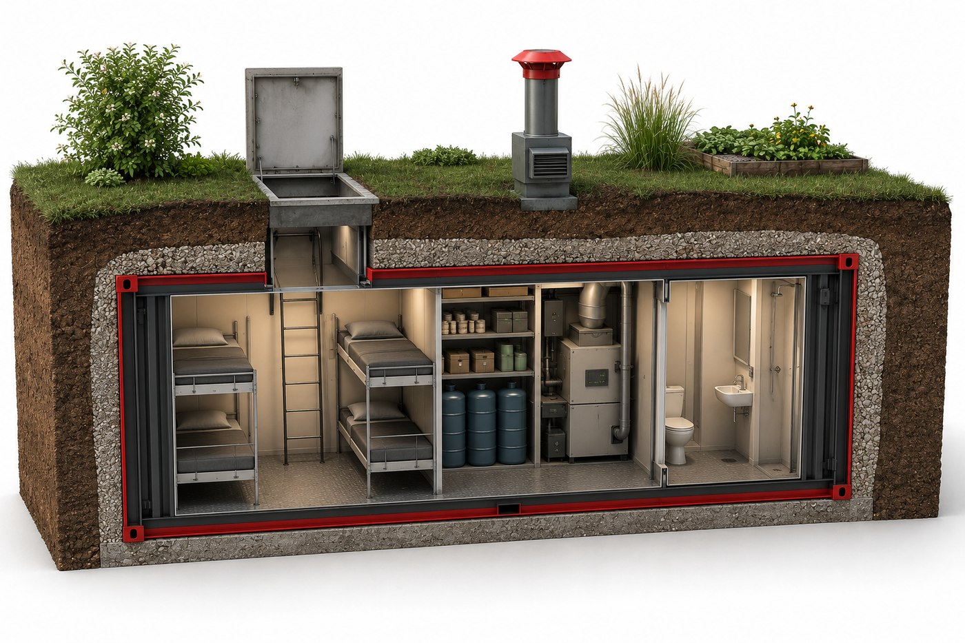 Detaillierter Schnitt durch den Gartenbunker AIZ-S4: Schlafplätze, Filtertechnik, Sanitärbereich