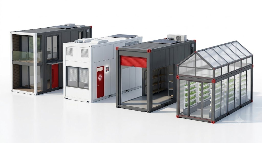 Übersicht der vier modularen Forschungsrichtungen: Wohnen, Spital, Logistik, Landwirtschaft