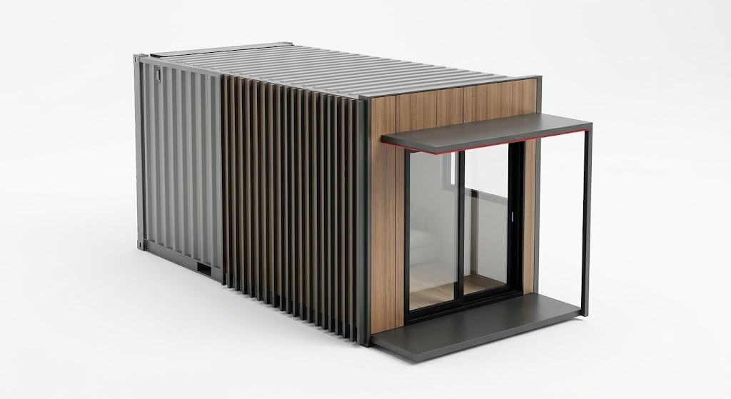 Fotorealistische Visualisierung des AIZ-W1 Wohnmoduls: architektonische Holz-Metall-Fassade mit Terrasse